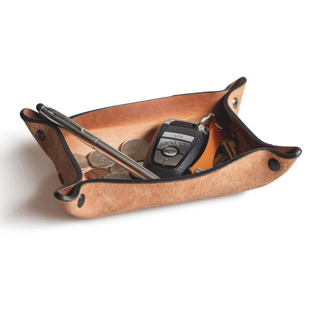 Main Street Forge Small Goods Small / Charred Oak Full Grain Leather Valet Tray - Charging Station for Nightstand, Table, Bedroom, Kitchen, Office 816895023136