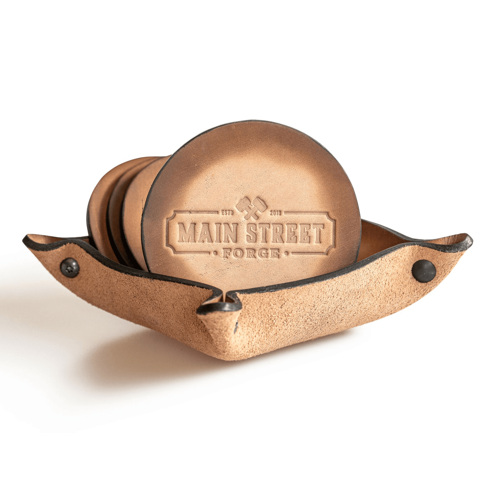 Main Street Forge Leather Coaster Set with Tray - 4 Round Coasters for Drinks with Square Holder for Men - Hand Made in USA - Rustic Modern Design Great for Coffee Table, Bar, Kitchen, Dining Room