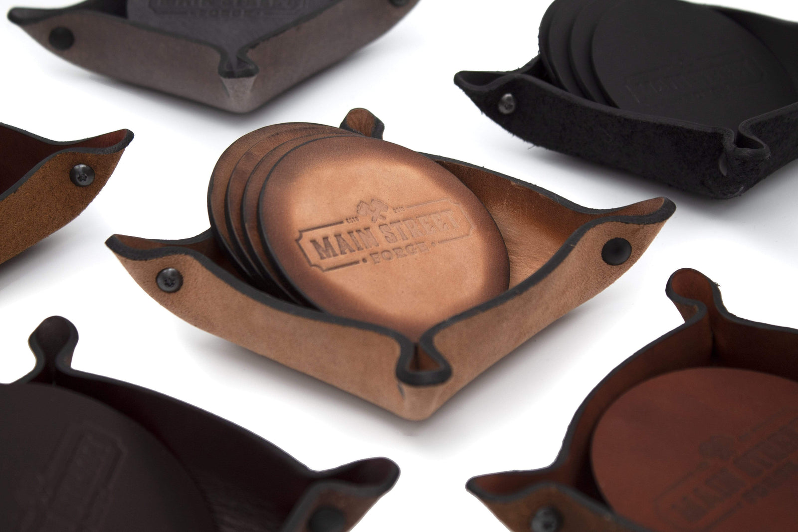 Main Street Forge Small Goods Leather Coaster Set with Tray | Hand Made in USA | Rustic Modern Design