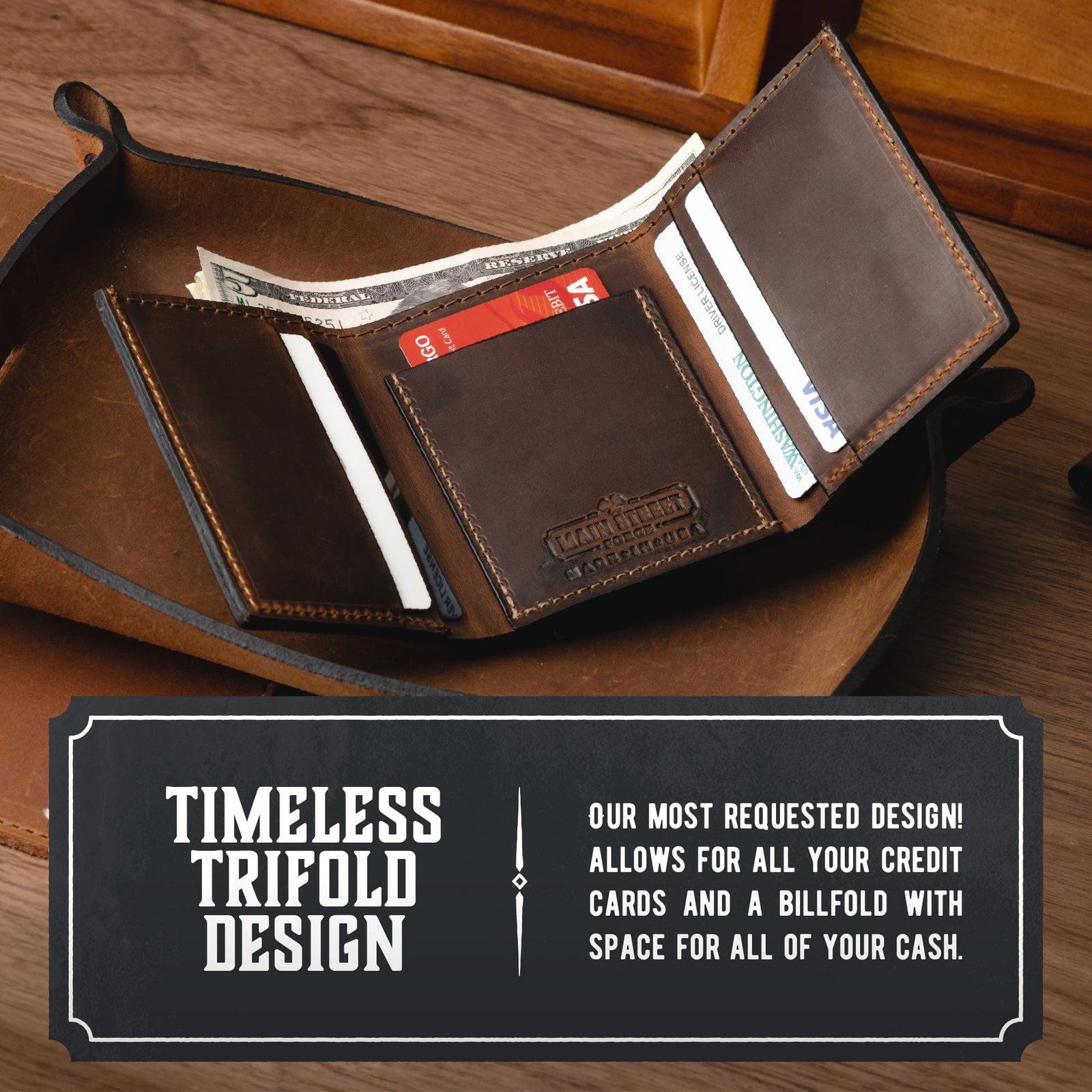 Main Street Forge Wallet Trifold Leather Wallet For Men | Made In USA | Genuine Full Grain Leather Men's Tri Fold Wallet