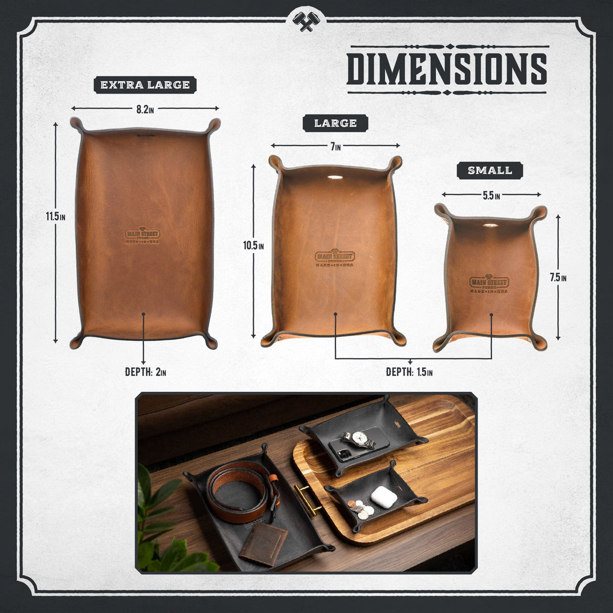 Main Street Forge Small Goods Full Grain Leather Valet Tray - Charging Station for Nightstand, Table, Bedroom, Kitchen, Office