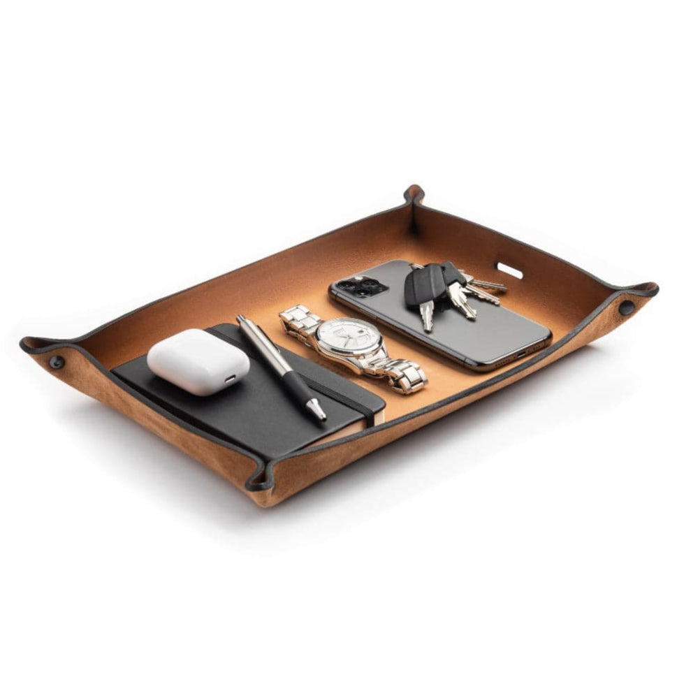 Main Street Forge Small Goods Extra Large / Charred Oak Full Grain Leather Valet Tray - Charging Station for Nightstand, Table, Bedroom, Kitchen, Office 816895028537