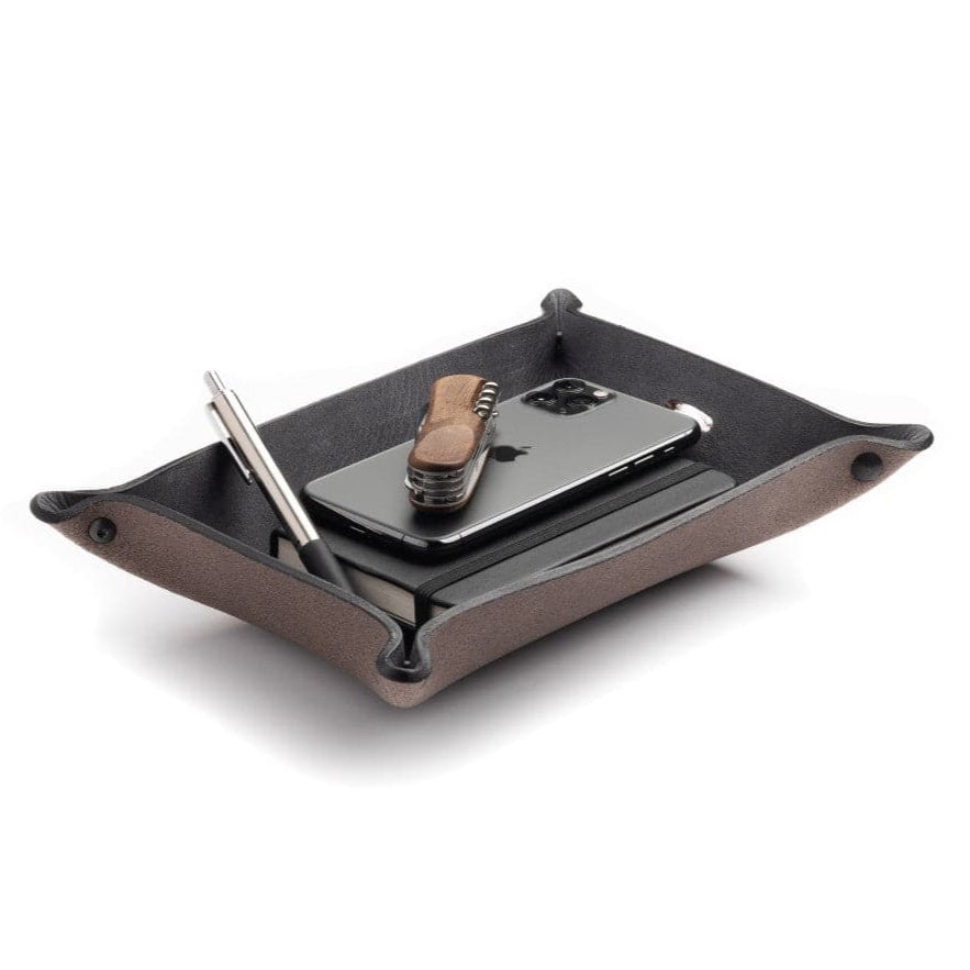 Main Street Forge Small Goods Large / Avalanche Gray Full Grain Leather Valet Tray - Charging Station for Nightstand, Table, Bedroom, Kitchen, Office 816895023167