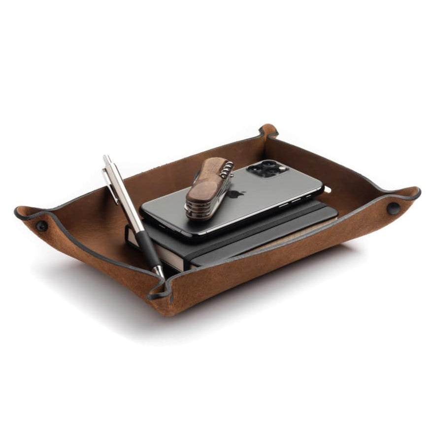 Main Street Forge Small Goods Large / Rustic Montana Full Grain Leather Valet Tray - Charging Station for Nightstand, Table, Bedroom, Kitchen, Office 816895025246