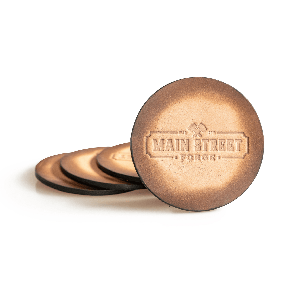 Main Street Forge Charred Oak Leather Coaster Set with Tray - 4 Round Coasters for Drinks with Square Holder for Men - Hand Made in USA - Rustic Modern Design Great for Coffee Table, Bar, Kitchen, Dining Room 816895023235