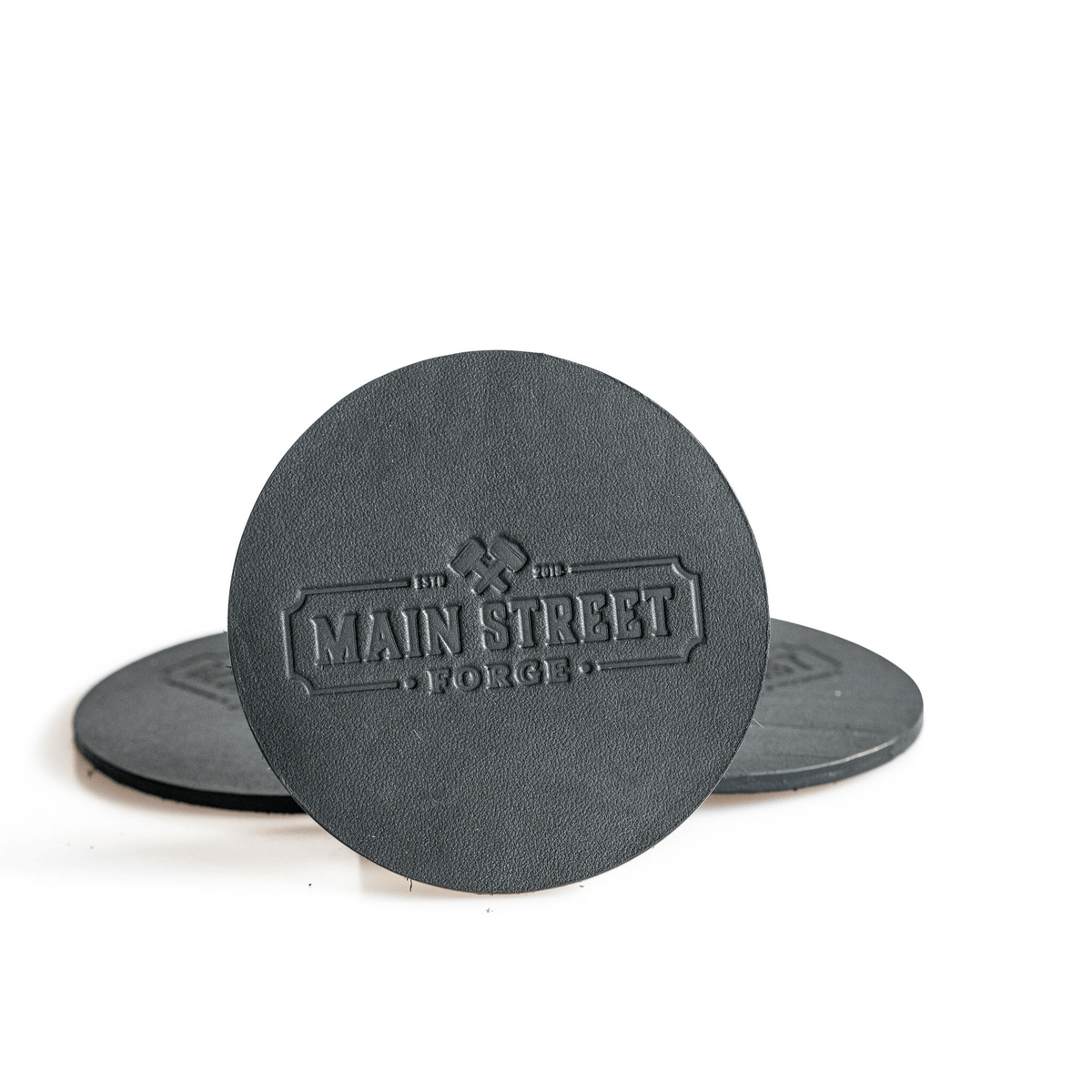 Main Street Forge Leather Coaster Set with Tray - 4 Round Coasters for Drinks with Square Holder for Men - Hand Made in USA - Rustic Modern Design Great for Coffee Table, Bar, Kitchen, Dining Room