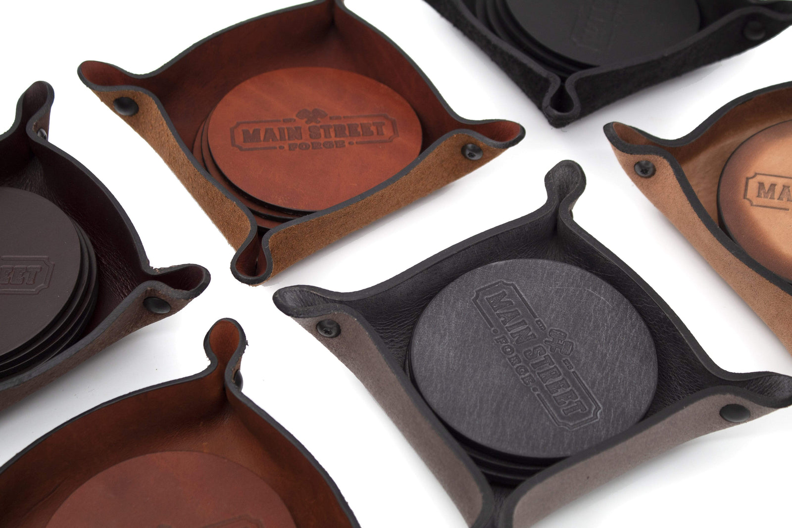 Main Street Forge Leather Coaster Set with Tray - 4 Round Coasters for Drinks with Square Holder for Men - Hand Made in USA - Rustic Modern Design Great for Coffee Table, Bar, Kitchen, Dining Room