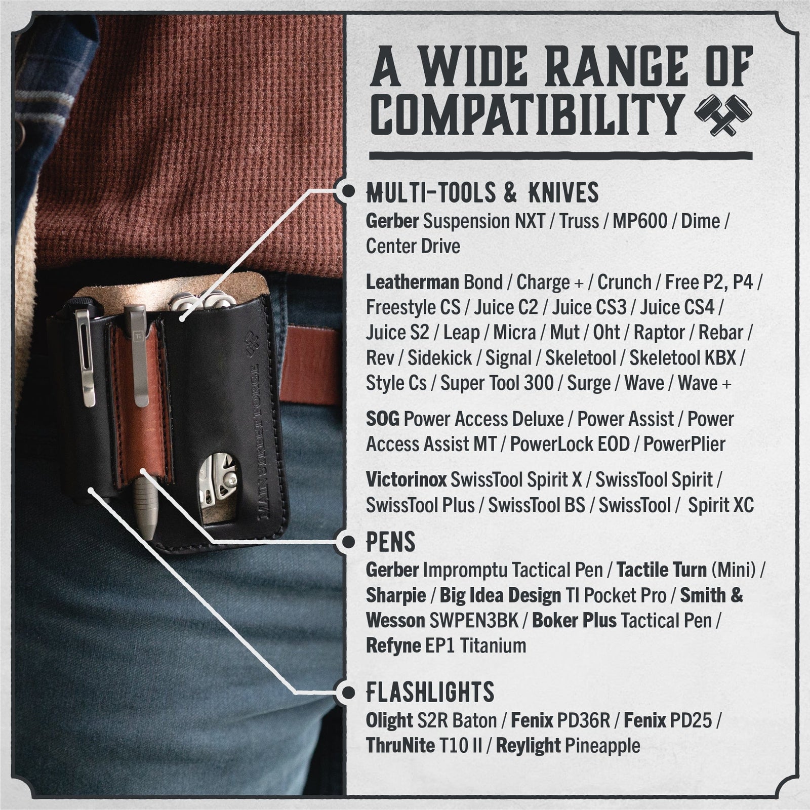 Main Street Forge EDC Leather EDC Pouch - Belt clip Multitool, Flashlight & Pen Sheath